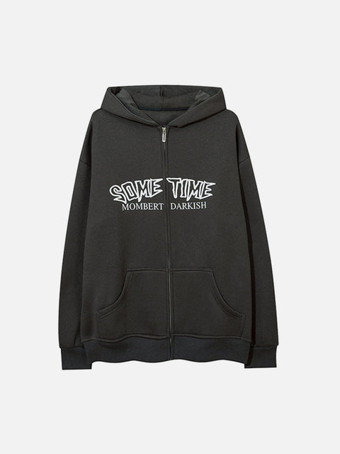 Circle Letters Print Fleece Zip Up Hoodie