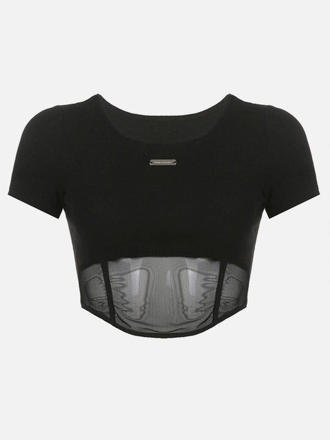 Perspective Dark Mesh Crop Short Sleeve T Shirt