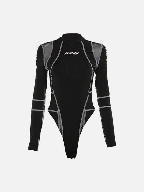 Mesh Patchwork Half Turtleneck Long Sleeve Bodysuit