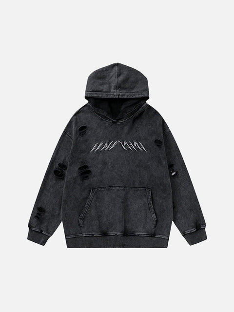Ripped Hole Letters Embroidery Washed Hoodie