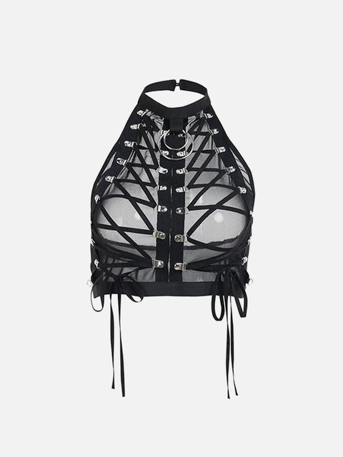 Dark Lace-up Mesh Sexy Vest