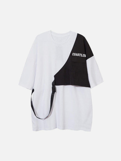 Contrasting Color Stitching Buckle Streamer Tee