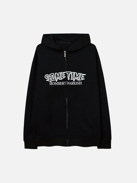 Circle Letters Print Fleece Zip Up Hoodie