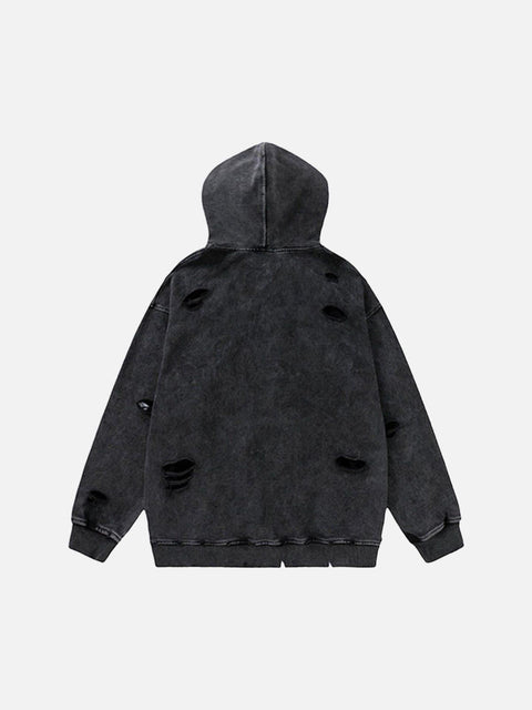 Ripped Hole Letters Embroidery Washed Hoodie