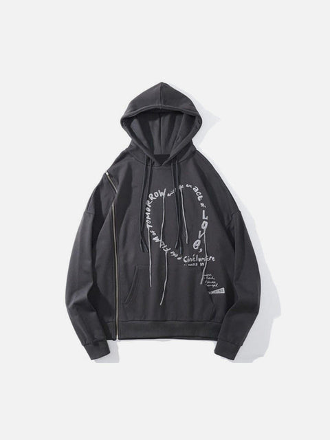Side Zipper Embroidered Alphabet Tassels Oversized Hoodie