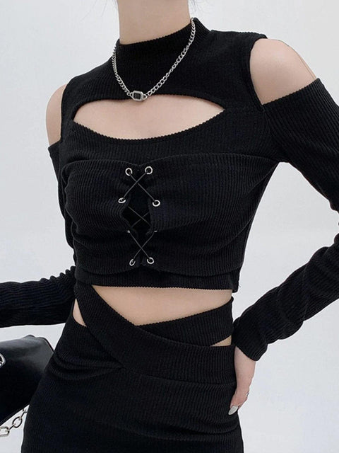 Hollow Out Bandage Long Sleeve T Shirt