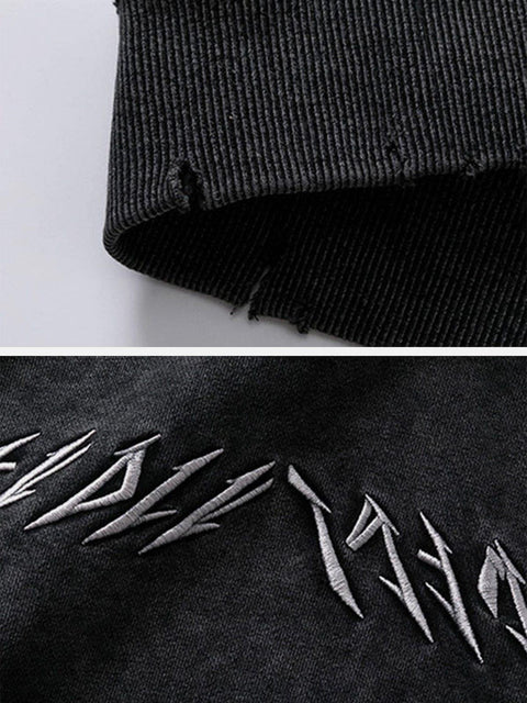 Ripped Hole Letters Embroidery Washed Hoodie