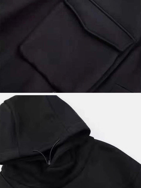 Dark Fake Zipper Pockets Hoodie
