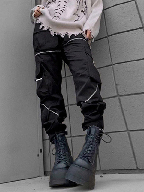 Asymmetric Zipper Reflective Strip Cargo Pants