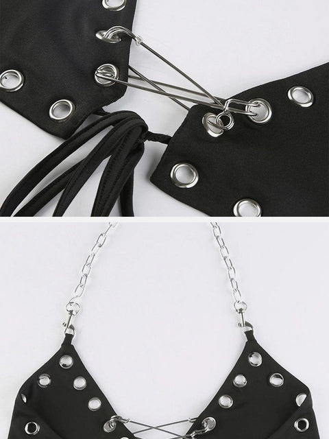 Metal Chain Lace Up Pin Vest