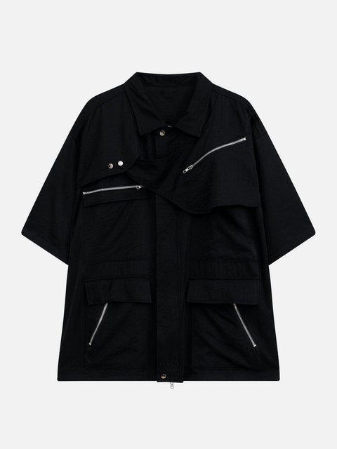 Multi Pockets Zip Up Short Sleeve Shirt