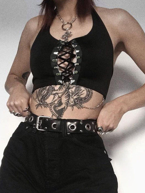 Dark Cross Strap Hollow Chain Halter Sexy Vest