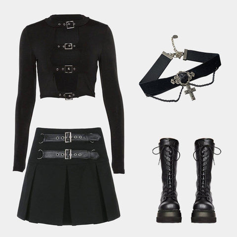 Dark Hollow Out Lace Long Sleeve Crop T Shirt