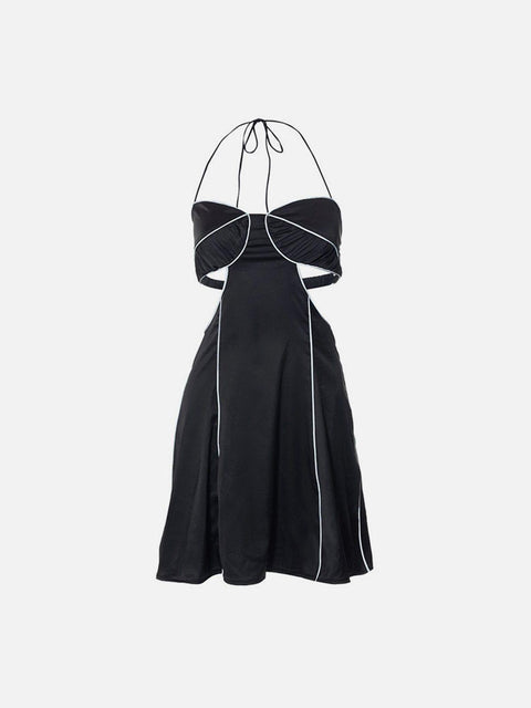 Solid Color Tie Backless Reflective Stripe Dress