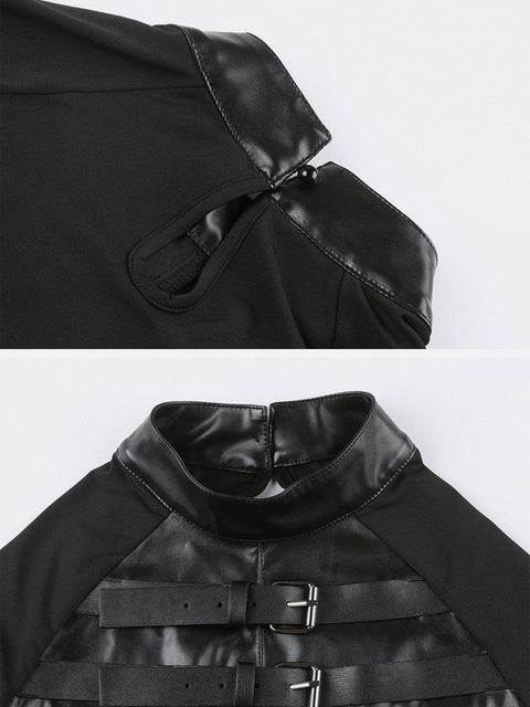 Leather Panel Metal Buckle Long Sleeve T Shirt