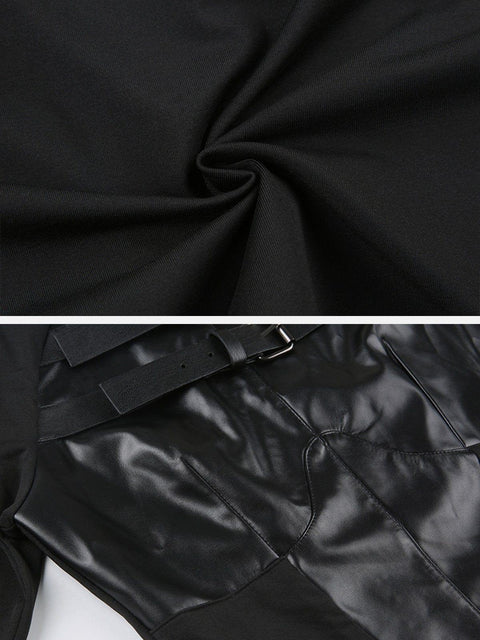 Leather Panel Metal Buckle Long Sleeve T Shirt
