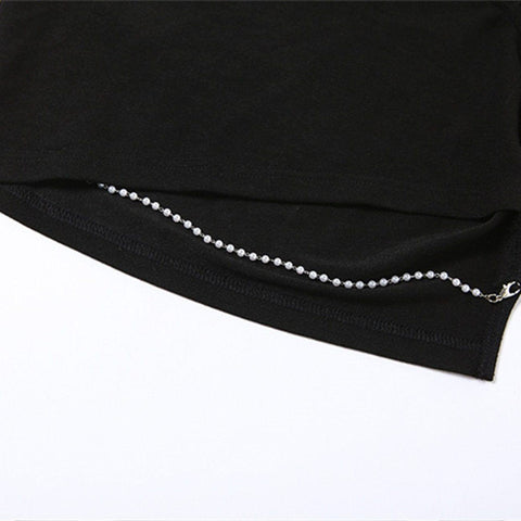 Hollow Irregular Pearl Chain Short Sleeve T Shirt