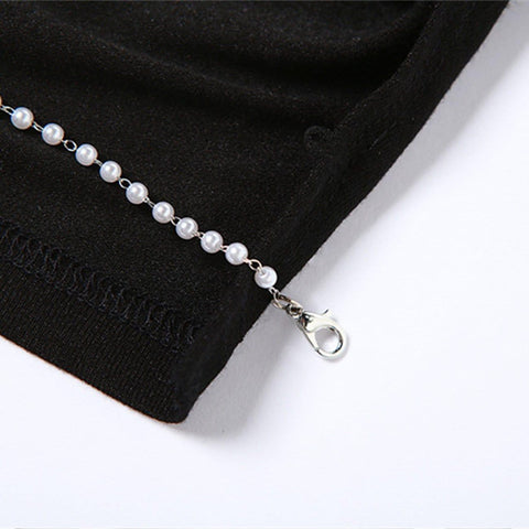 Hollow Irregular Pearl Chain Short Sleeve T Shirt
