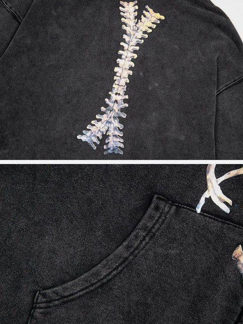 Washed Skeleton Pattern Zip Up Hoodie