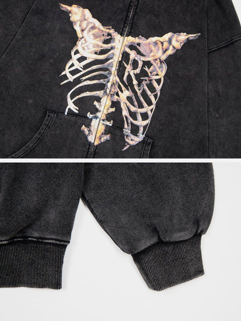 Washed Skeleton Pattern Zip Up Hoodie