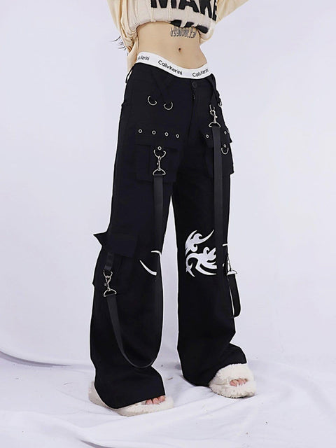 Dark Print Rivet Ribbons Pants