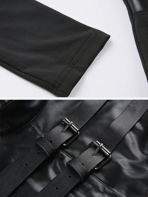 Leather Panel Metal Buckle Long Sleeve T Shirt