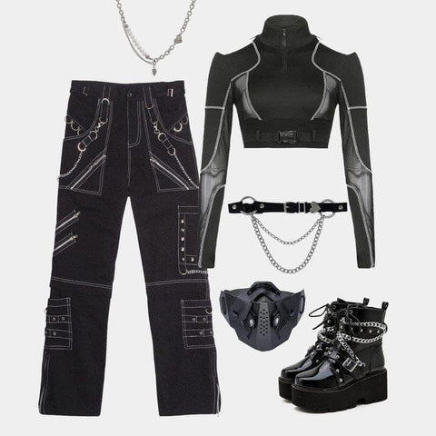 Techwear Mesh Buckle Cropped Long Sleeve T-Shirt