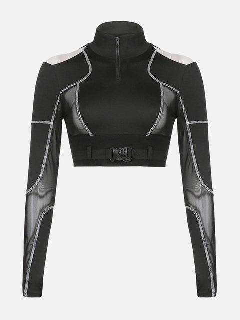 Techwear Mesh Buckle Cropped Long Sleeve T-Shirt